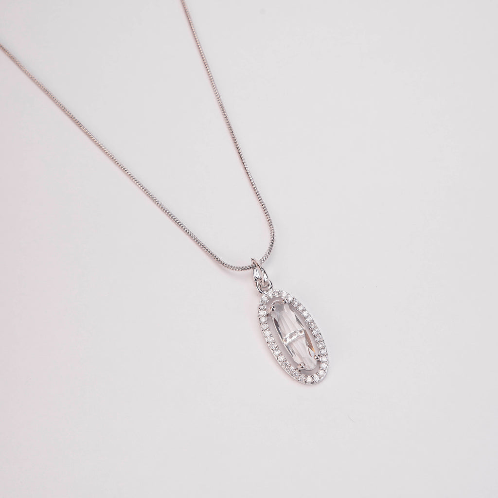Elongated Oval Halo Design Rhodium Plated Pendant with chain