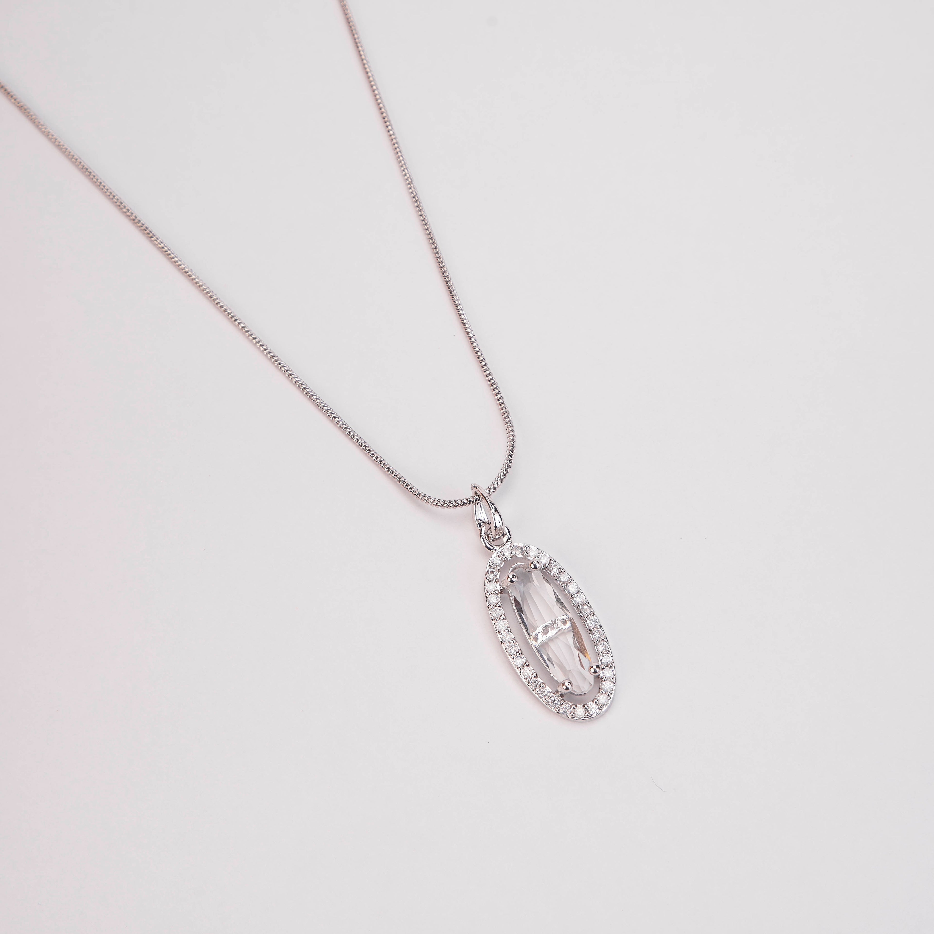Elongated Oval Halo Design Rhodium Plated Pendant with chain