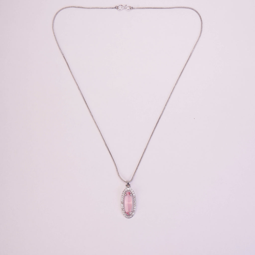 Elongated Oval Halo Design Rhodium Plated Pendant with chain-Mint Pink