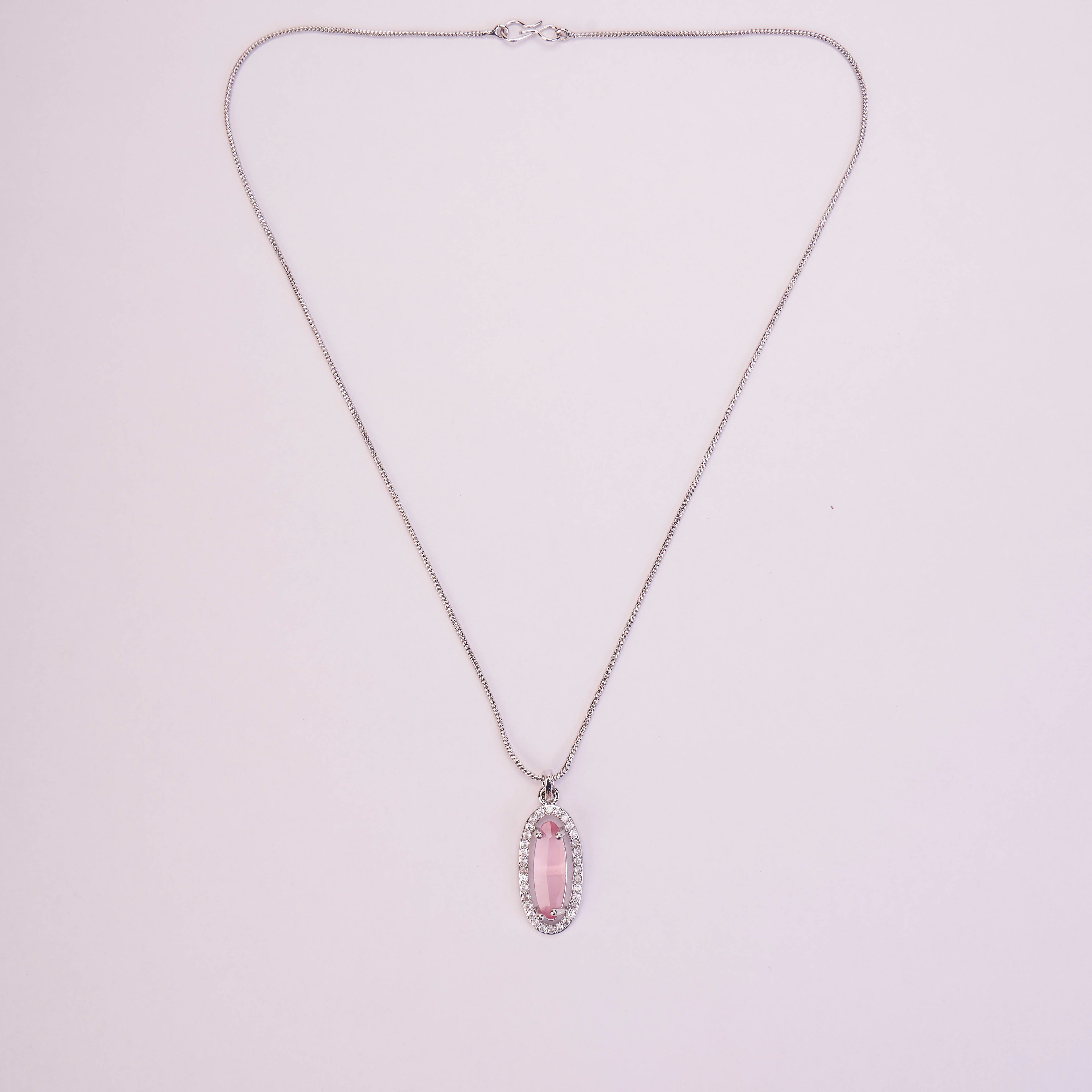 Elongated Oval Halo Design Rhodium Plated Pendant with chain-Mint Pink
