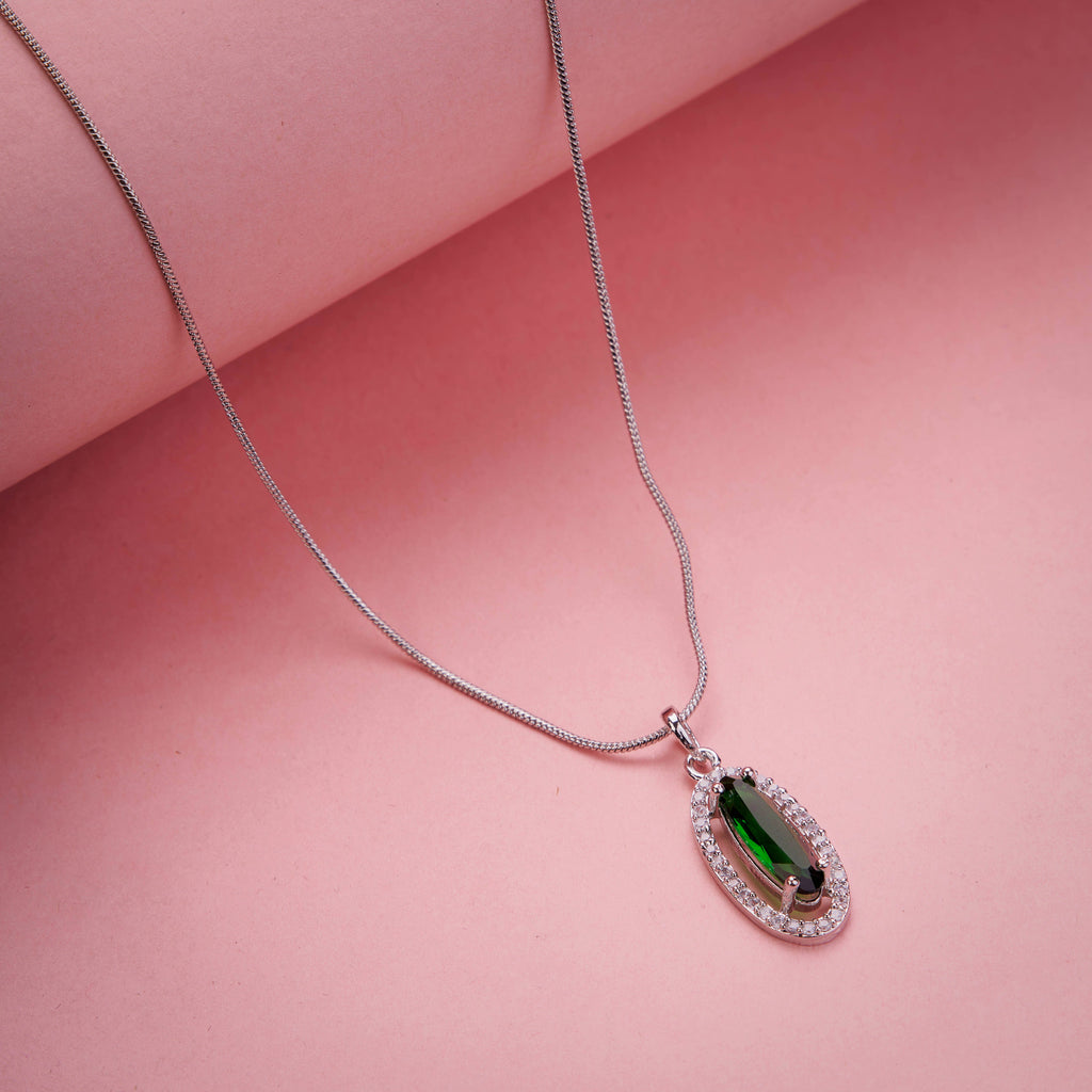 Elongated Oval Halo Design Rhodium Plated Pendant with chain-Crystal Green