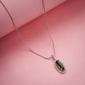 Elongated Oval Halo Design Rhodium Plated Pendant with chain-Crystal Green