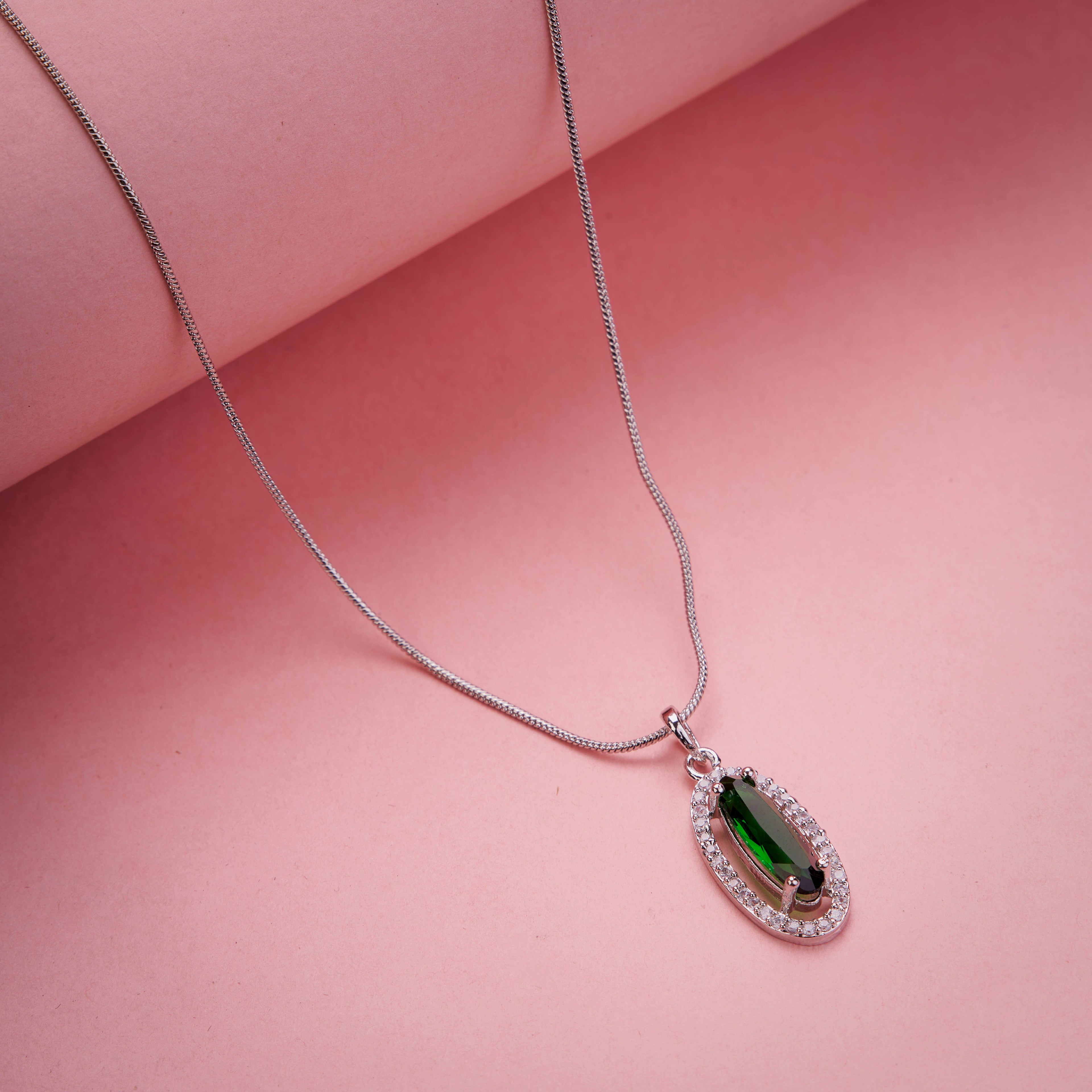 Elongated Oval Halo Design Rhodium Plated Pendant with chain-Crystal Green