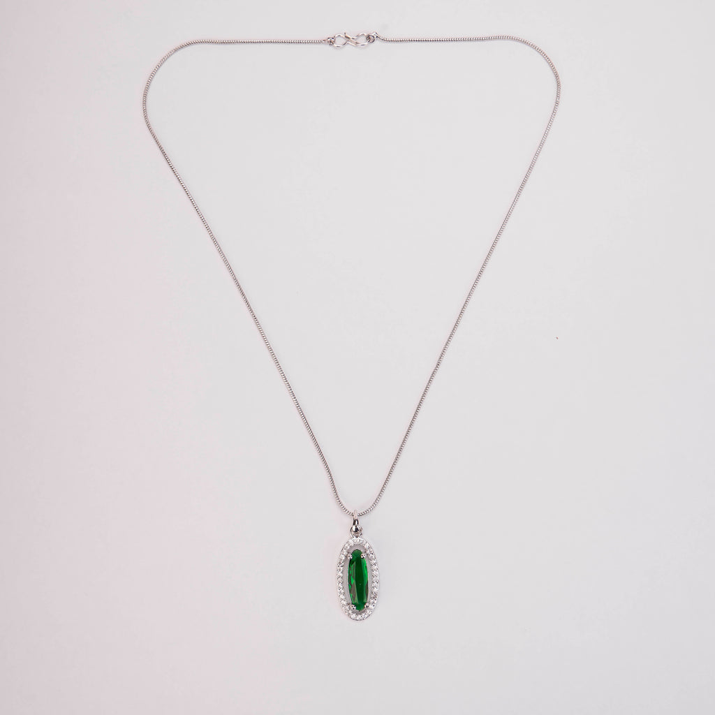 Elongated Oval Halo Design Rhodium Plated Pendant with chain-Crystal Green