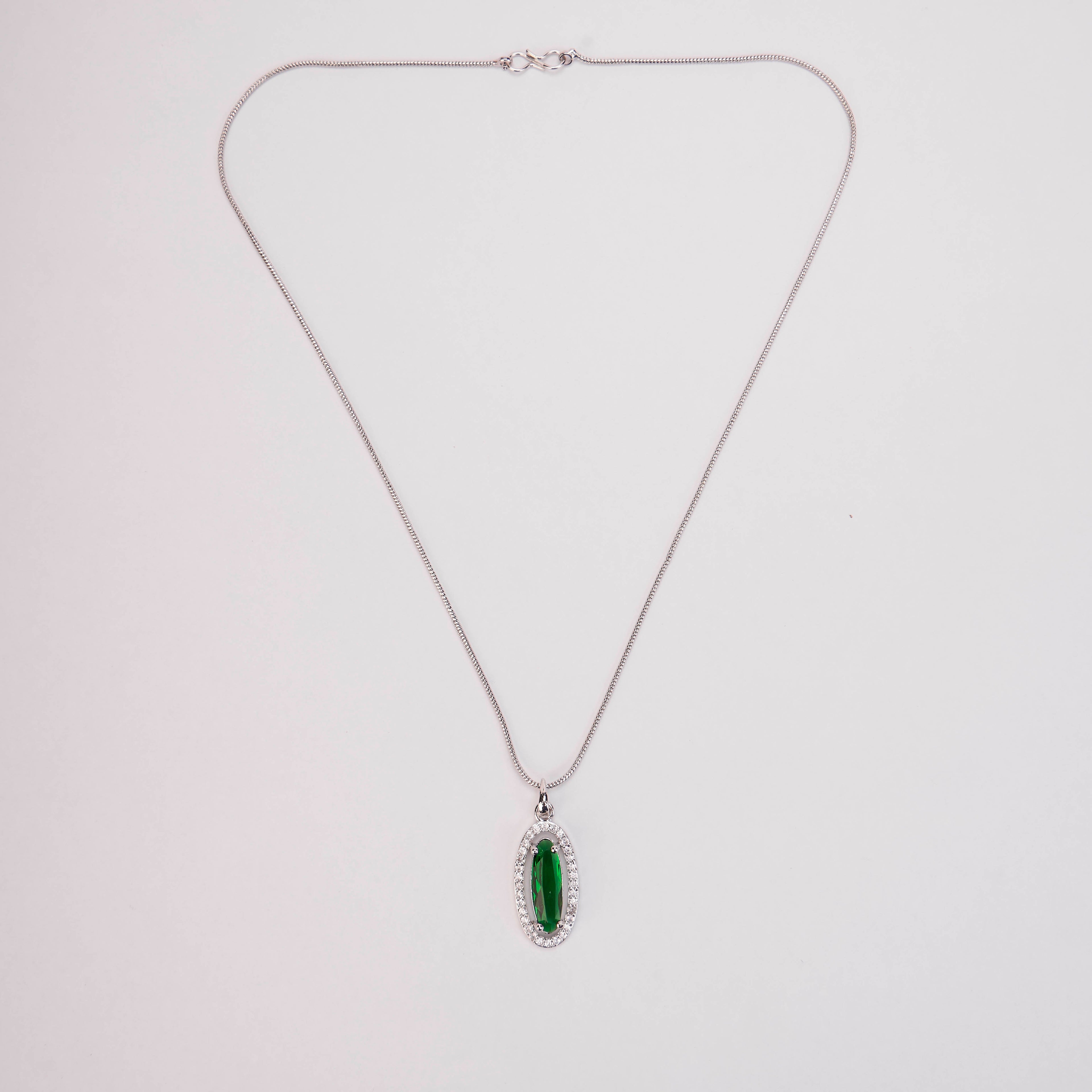 Elongated Oval Halo Design Rhodium Plated Pendant with chain-Crystal Green
