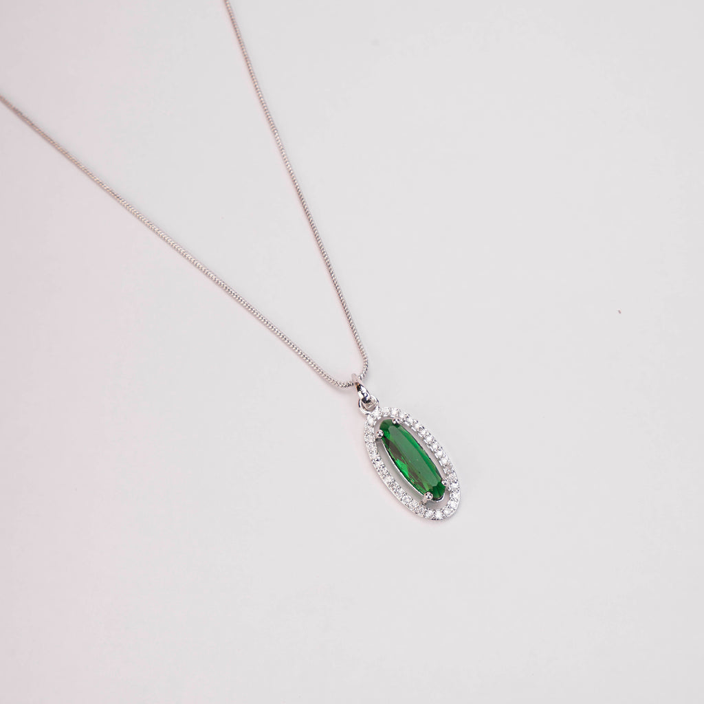 Elongated Oval Halo Design Rhodium Plated Pendant with chain-Crystal Green