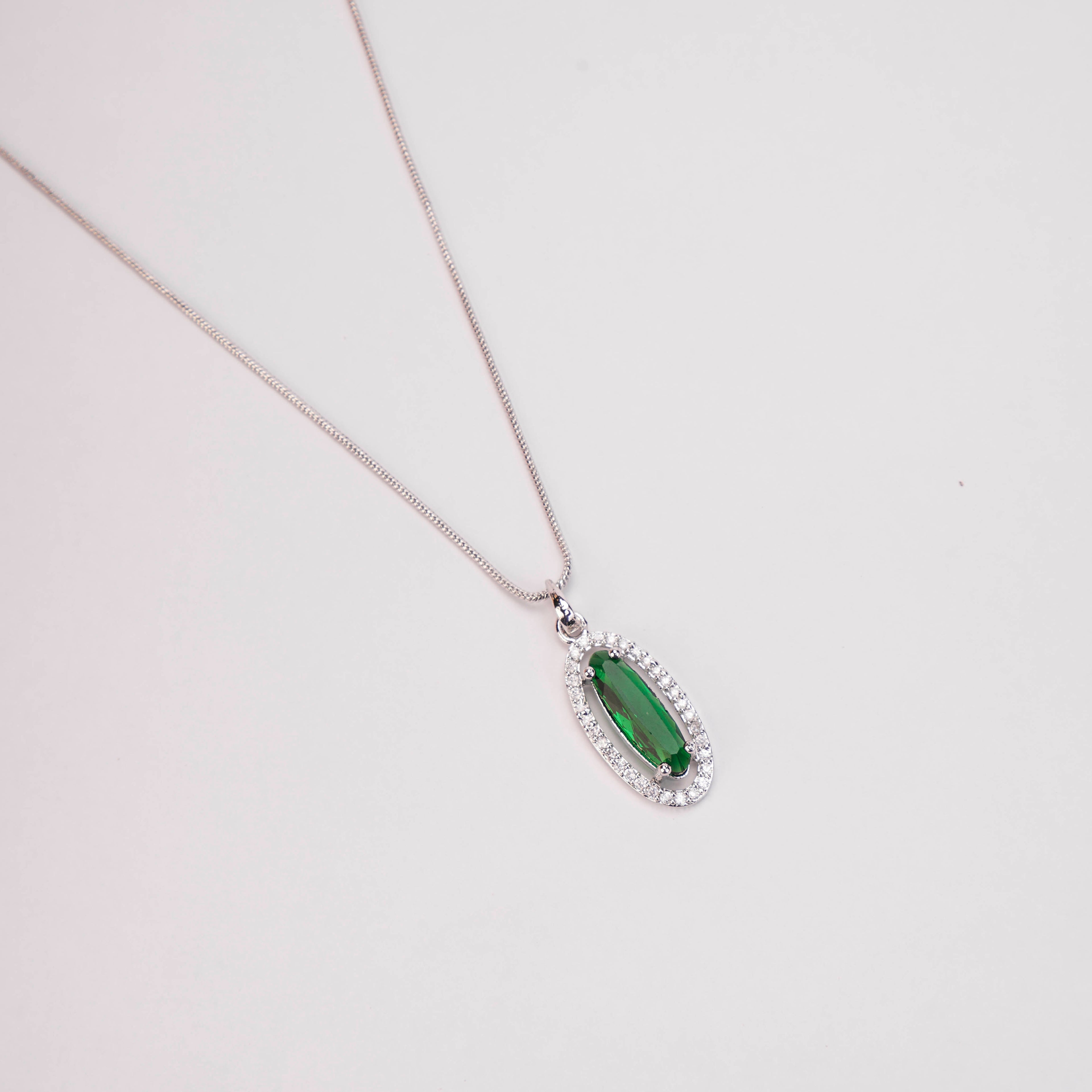 Elongated Oval Halo Design Rhodium Plated Pendant with chain-Crystal Green