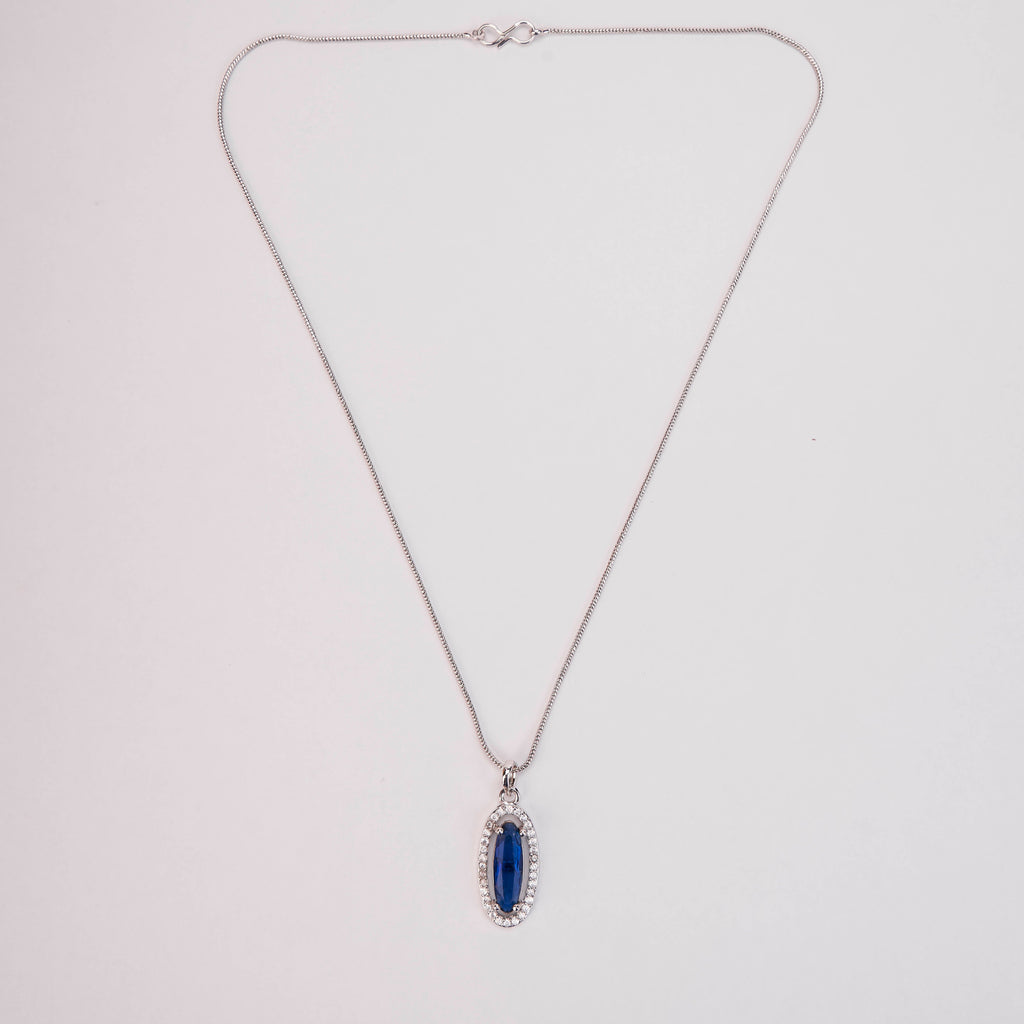 Elongated Oval Halo Design Rhodium Plated Pendant with chain-Crystal Blue