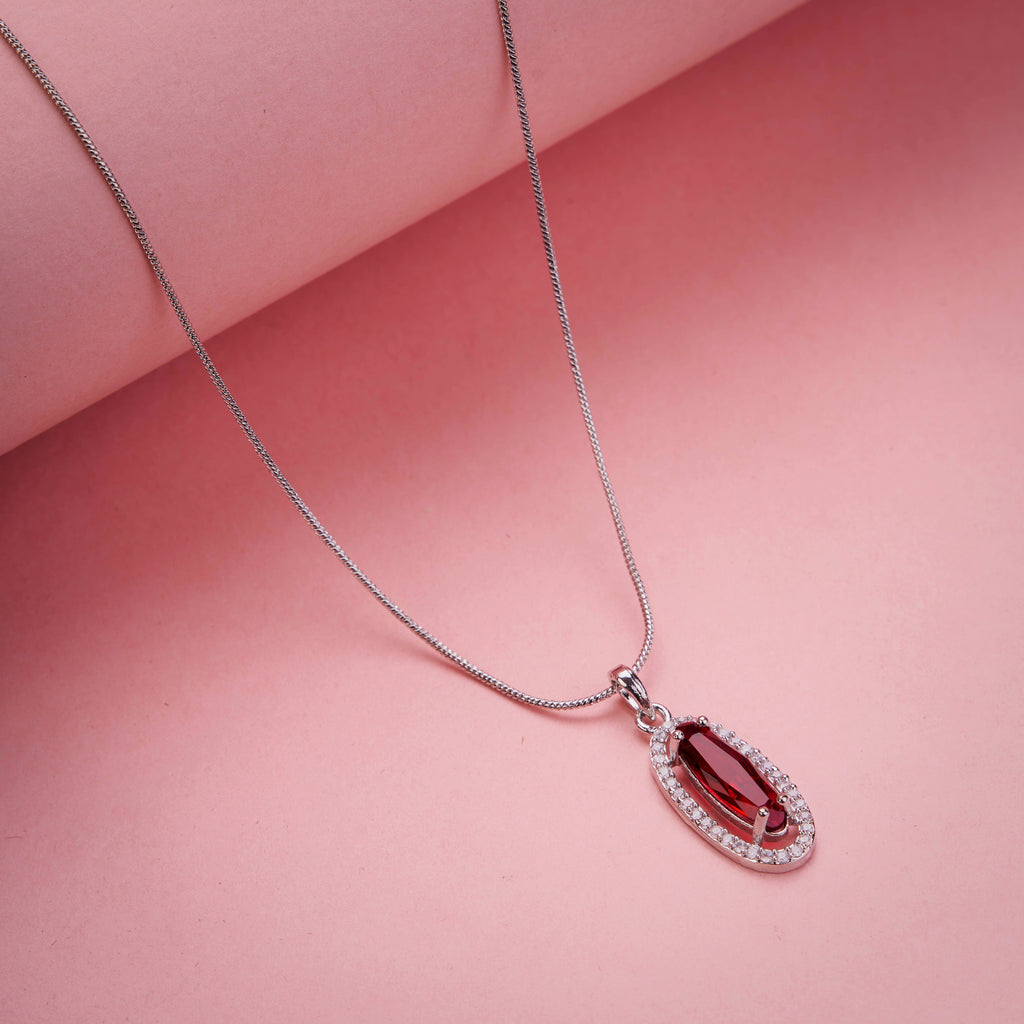 Elongated Oval Halo Design Rhodium Plated Pendant with chain-Crystal Red