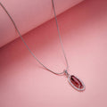 Elongated Oval Halo Design Rhodium Plated Pendant with chain-Crystal Red