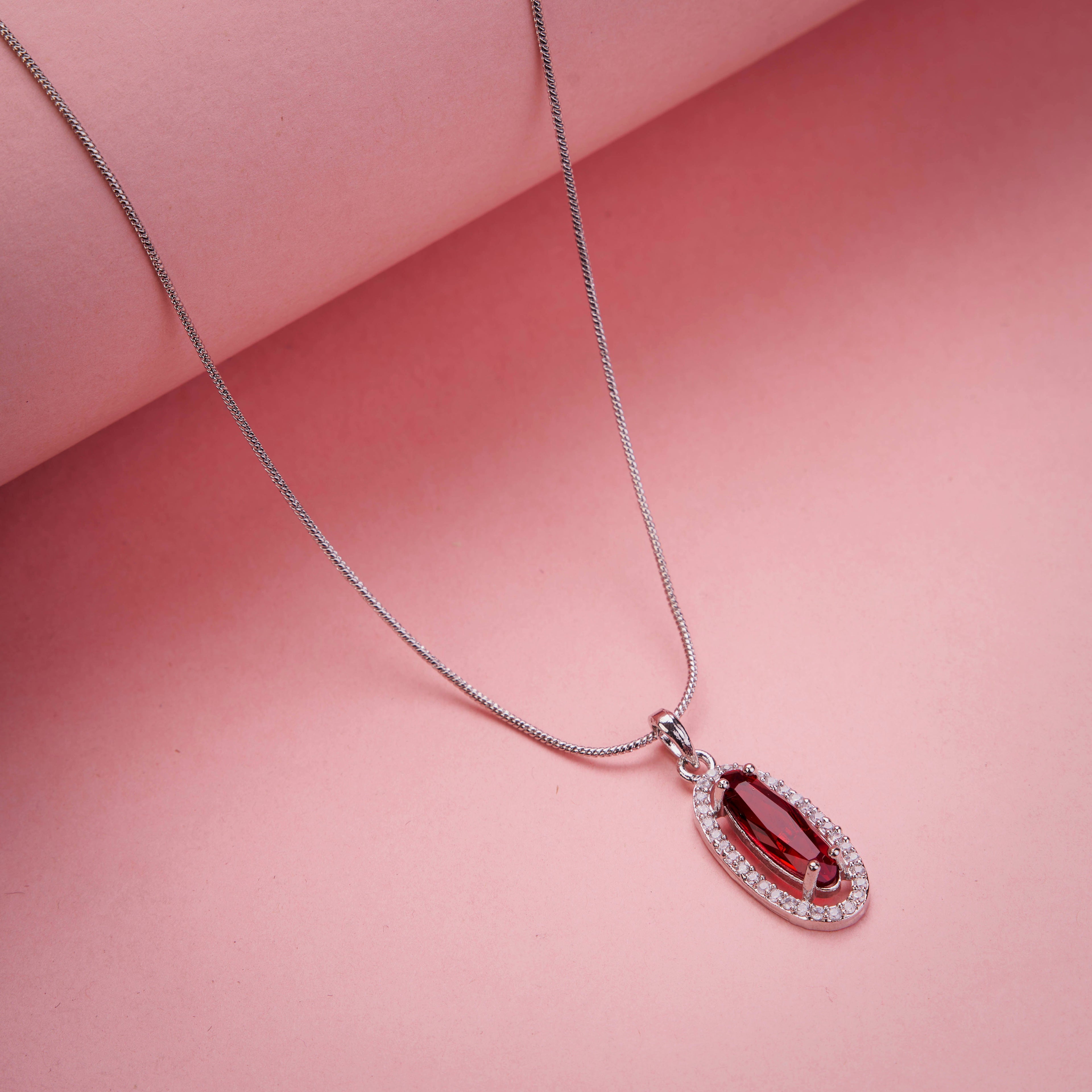 Elongated Oval Halo Design Rhodium Plated Pendant with chain-Crystal Red