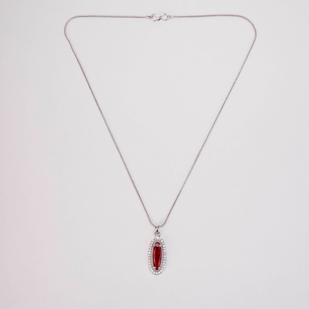 Elongated Oval Halo Design Rhodium Plated Pendant with chain-Crystal Red