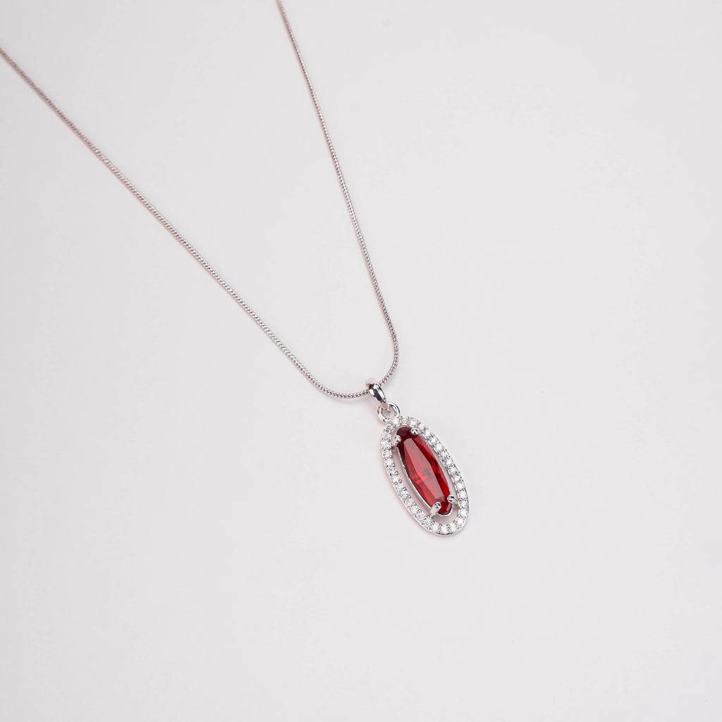 Elongated Oval Halo Design Rhodium Plated Pendant with chain-Crystal Red