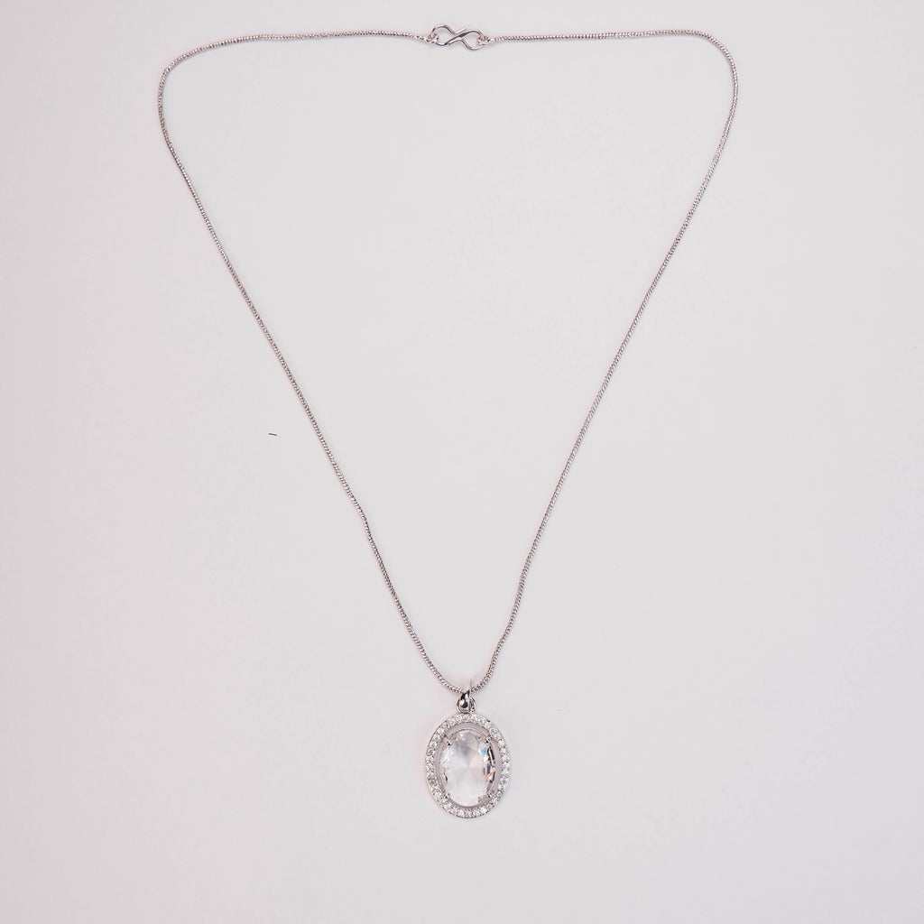 Oval Halo Design Rhodium-Plated Pendant with chain