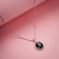 Oval Halo Design Rhodium-Plated Pendant with chain-Crystal Green
