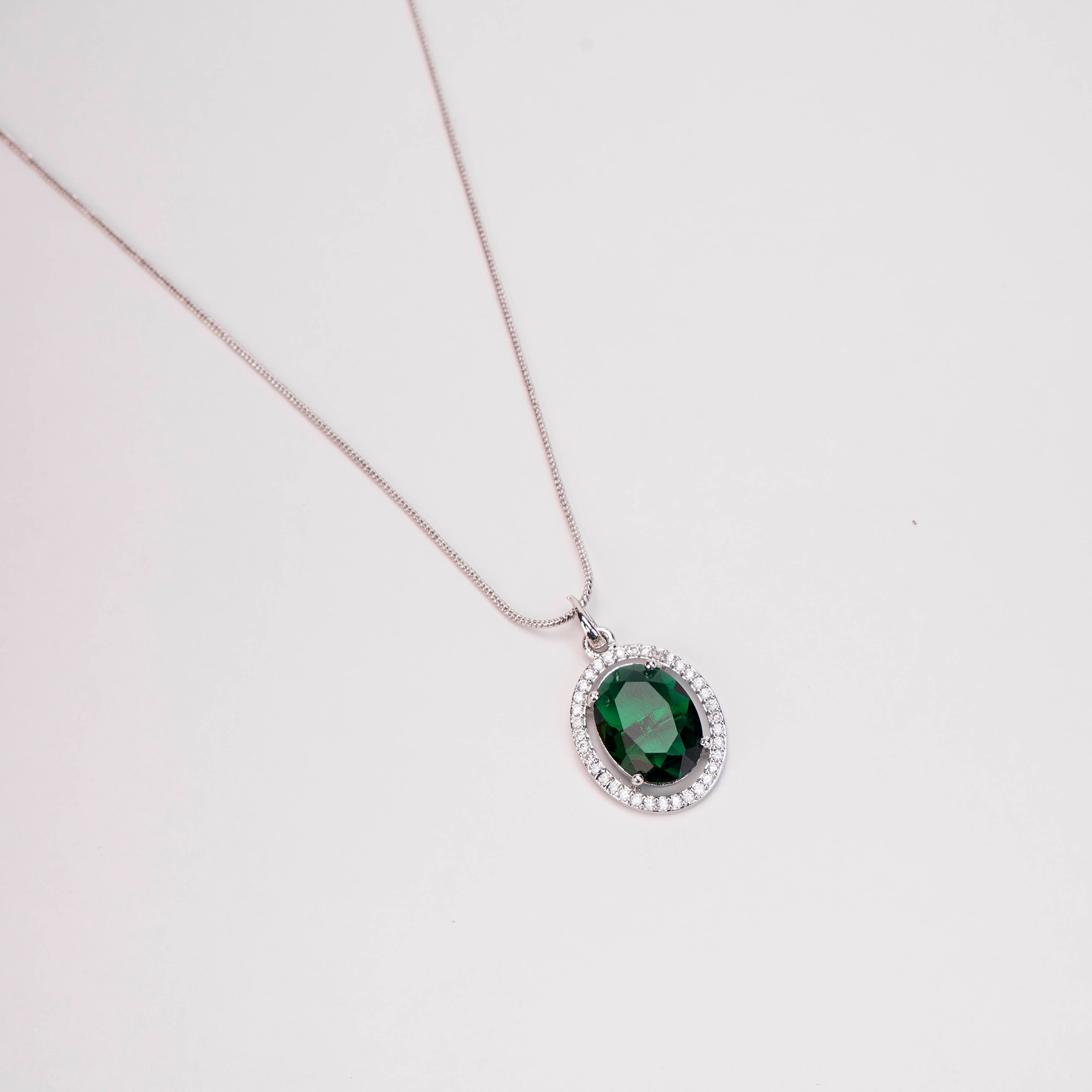 Oval Halo Design Rhodium-Plated Pendant with chain-Crystal Green