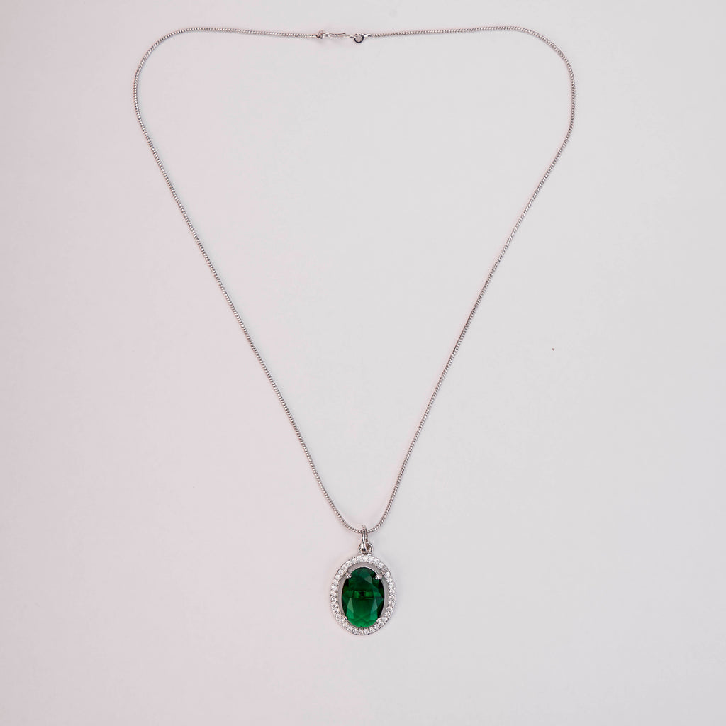 Oval Halo Design Rhodium-Plated Pendant with chain-Crystal Green