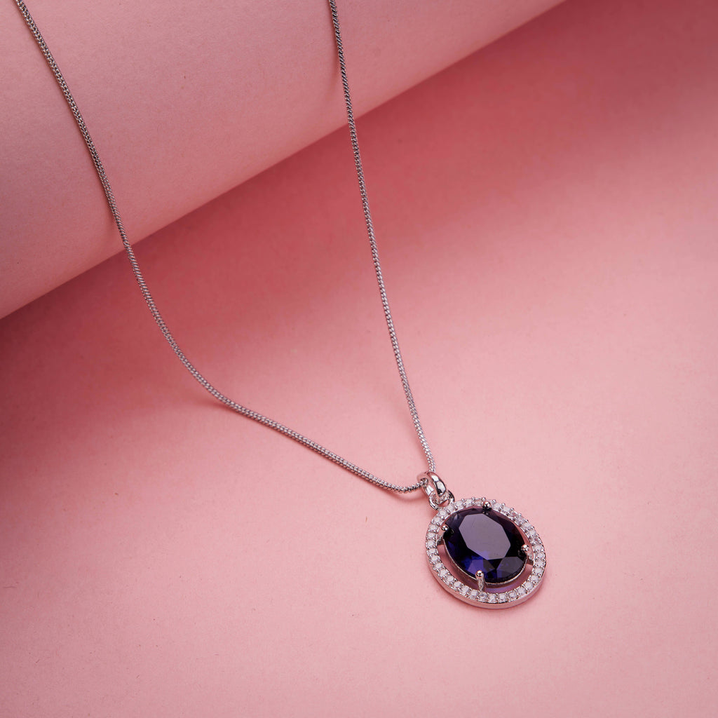 Oval Halo Design Rhodium-Plated Pendant with chain-Crystal Blue