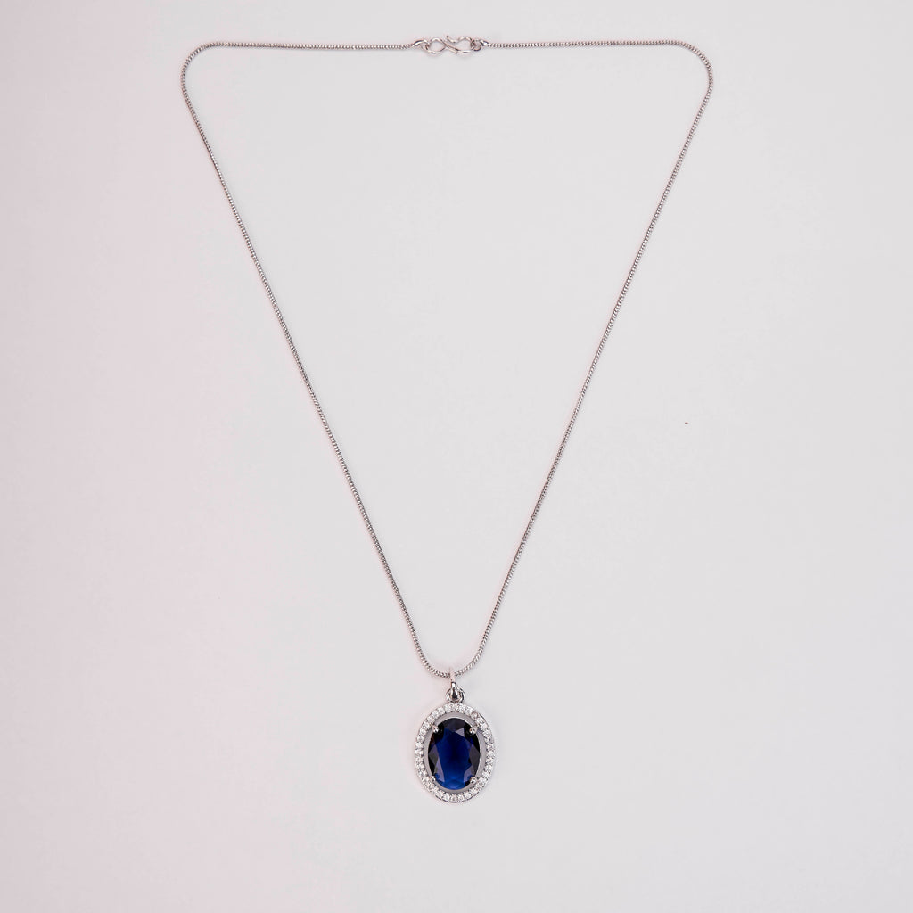 Oval Halo Design Rhodium-Plated Pendant with chain-Crystal Blue