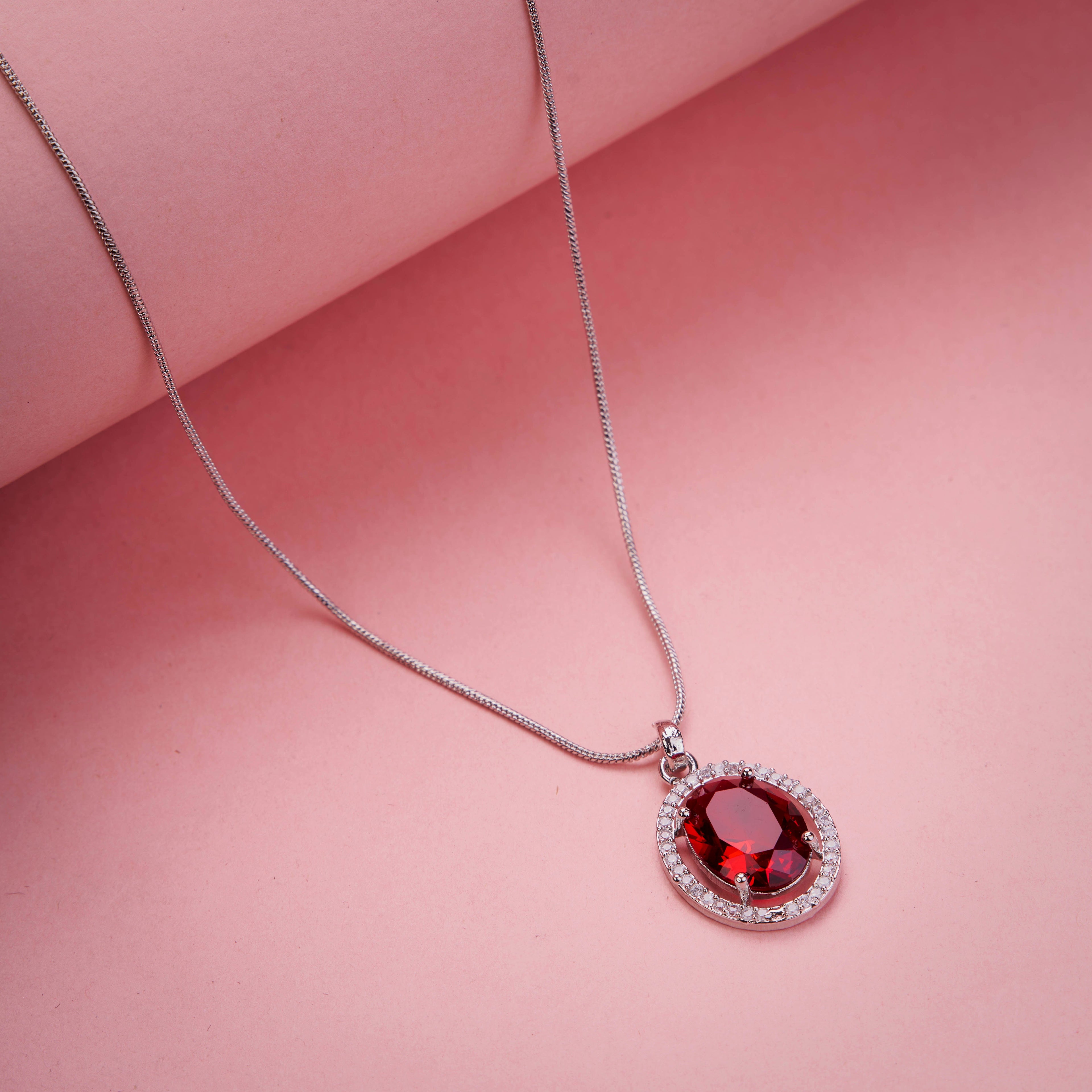 Oval Halo Design Rhodium-Plated Pendant with chain-Crystal Red