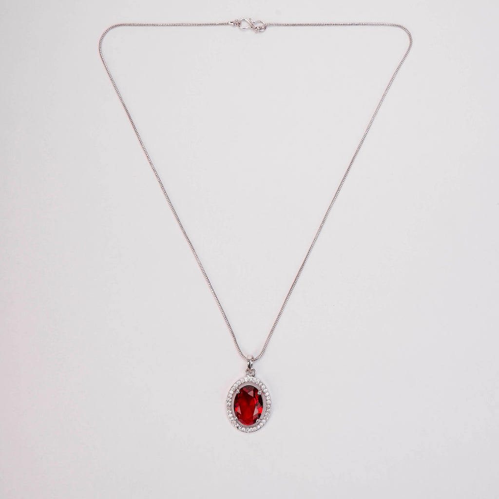 Oval Halo Design Rhodium-Plated Pendant with chain-Crystal Red