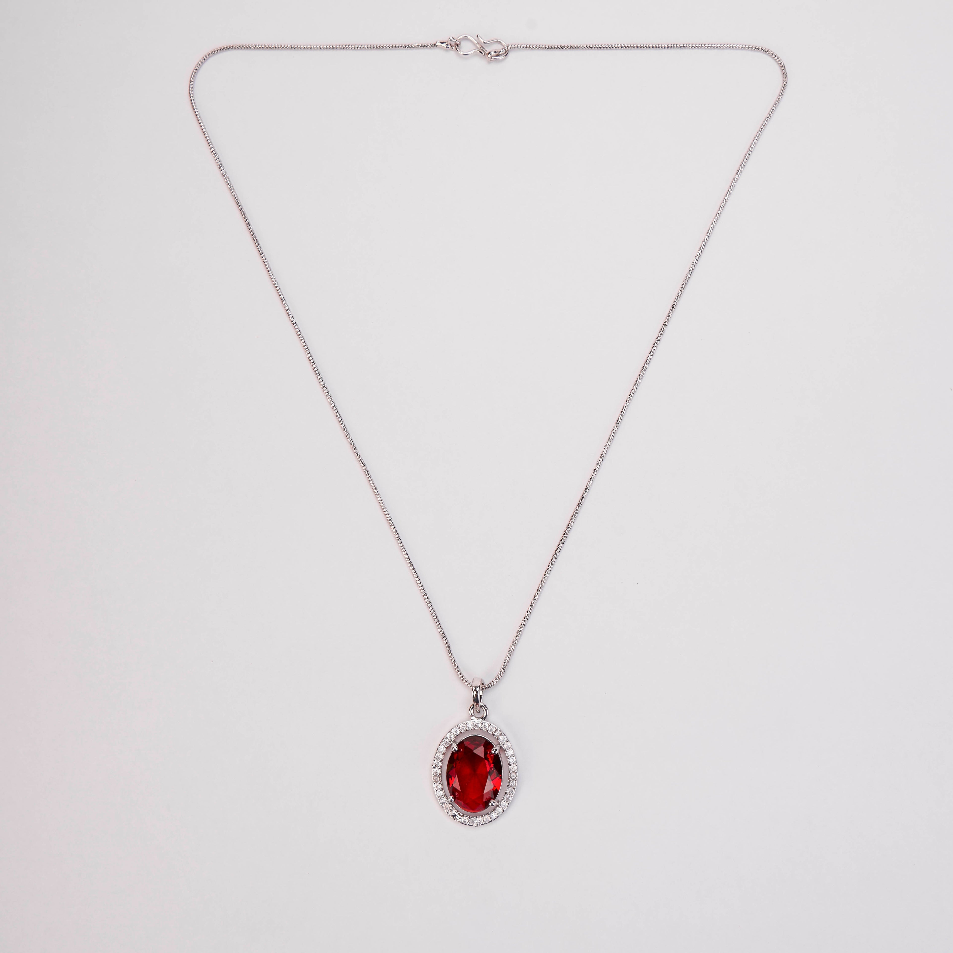 Oval Halo Design Rhodium-Plated Pendant with chain-Crystal Red
