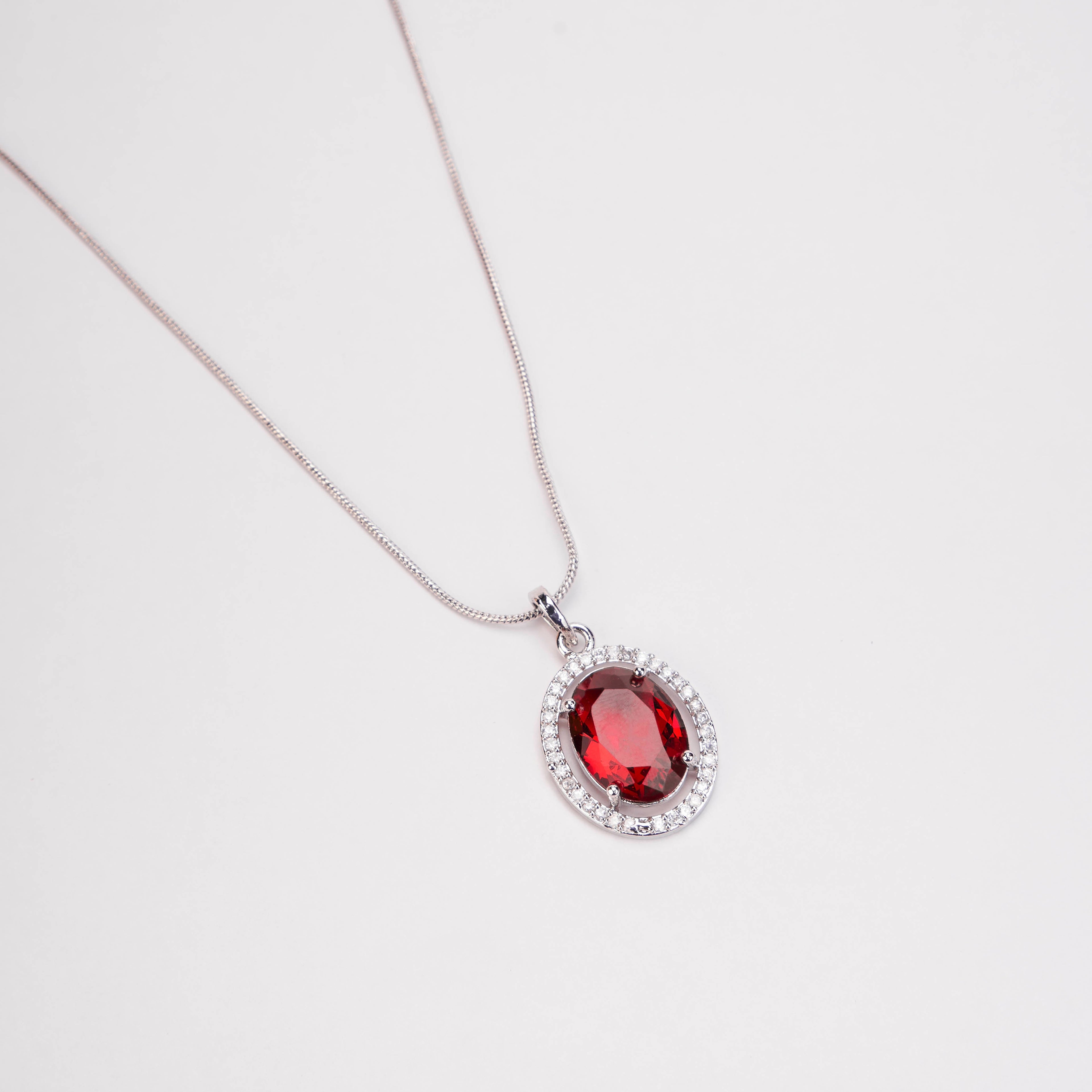 Oval Halo Design Rhodium-Plated Pendant with chain-Crystal Red