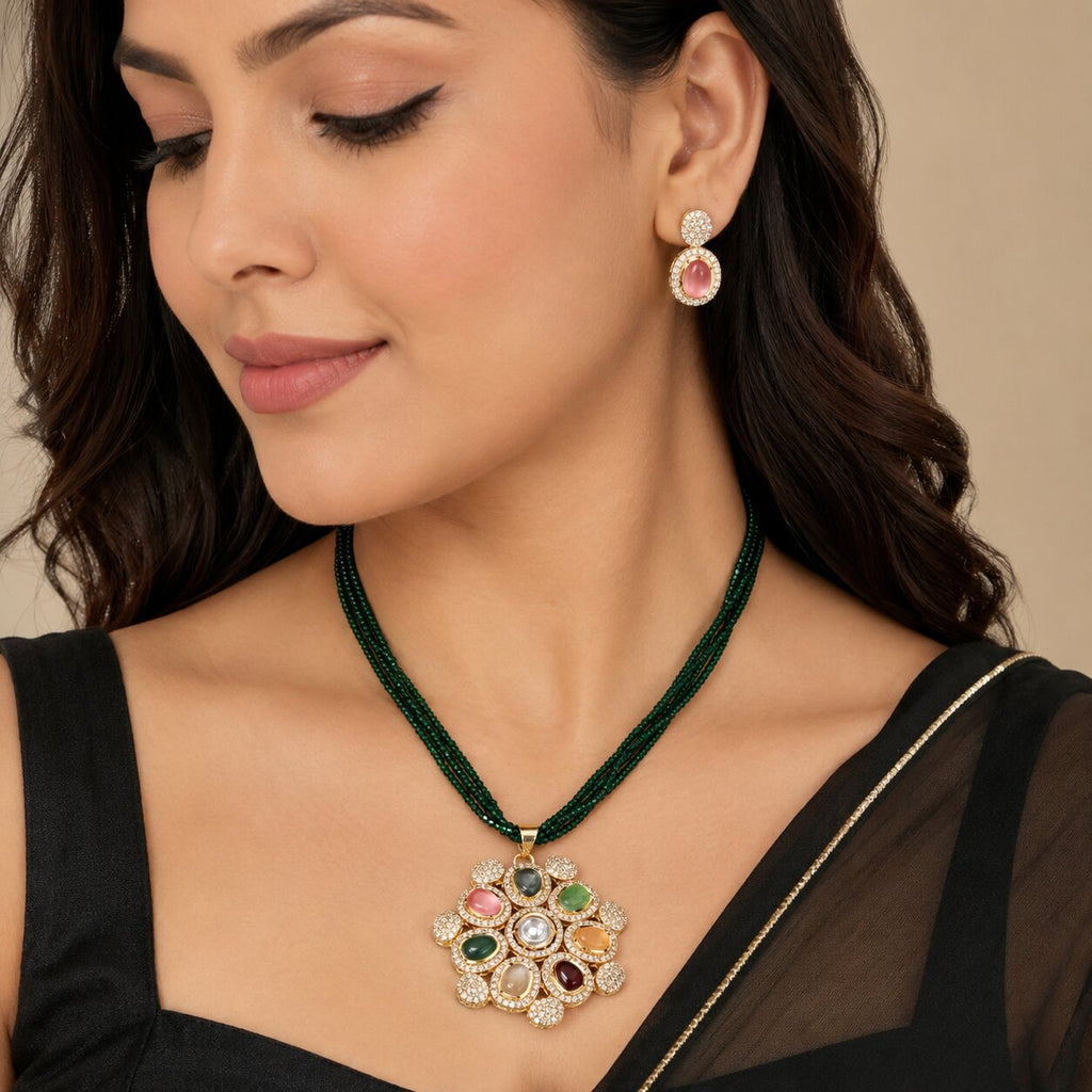 Multi-Gemstone & Kundan Pendant Set with Beaded Chain & Earrings