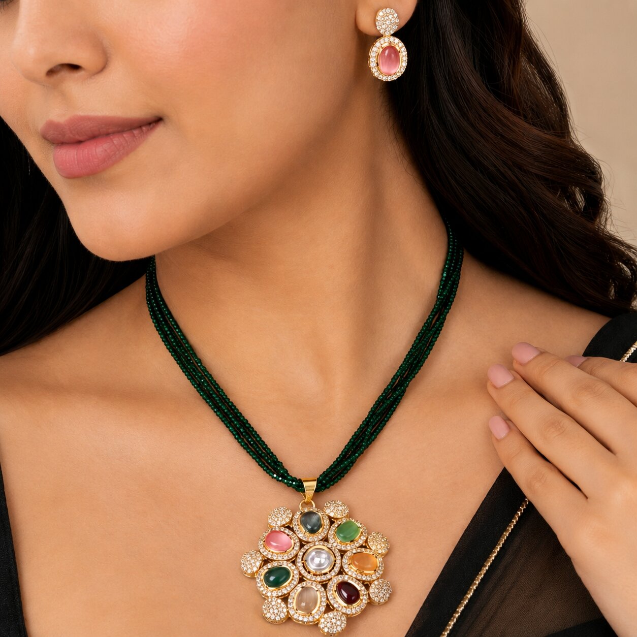 Multi-Gemstone & Kundan Pendant Set with Beaded Chain & Earrings