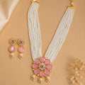 Gold Plated Floral Pink Stone Beaded Necklace Set with Earrings