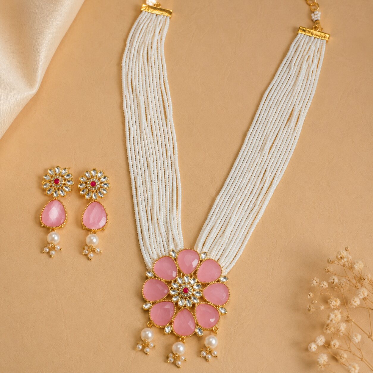Gold Plated Floral Pink Stone Beaded Necklace Set with Earrings