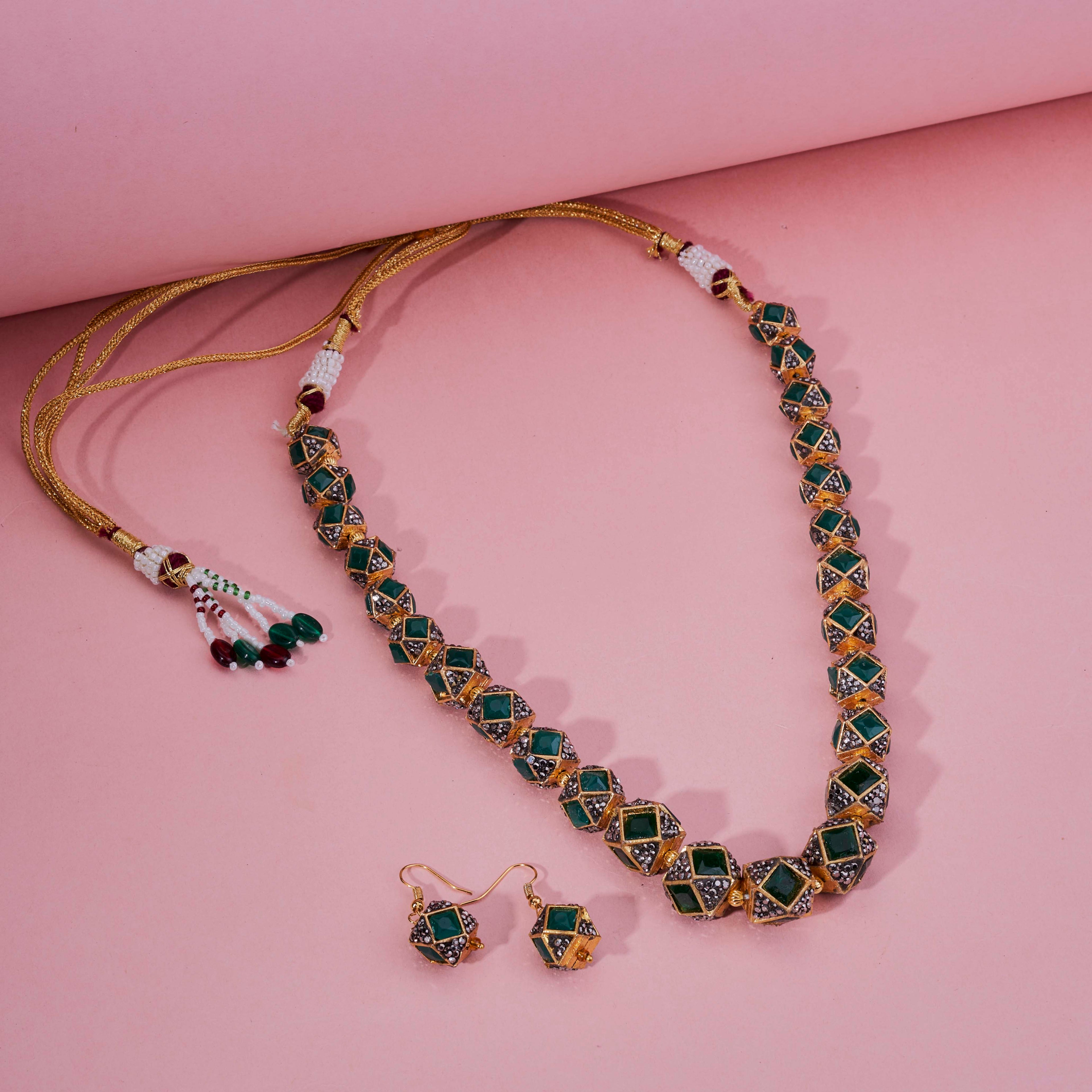 Halo Beaded Gold Plated Necklace Set with Earrings