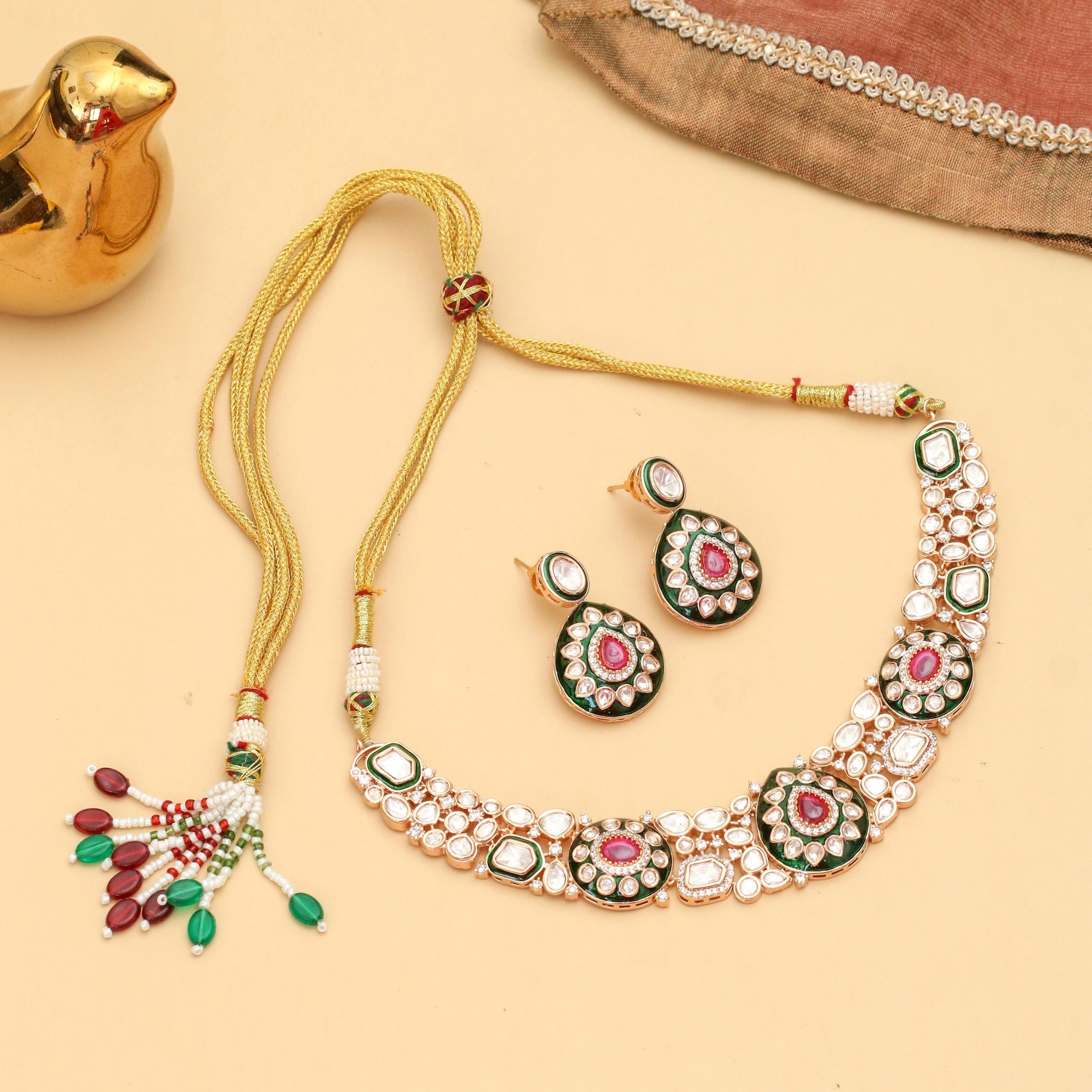Designed Ethnic Gold Plated Necklace Set with Earrings