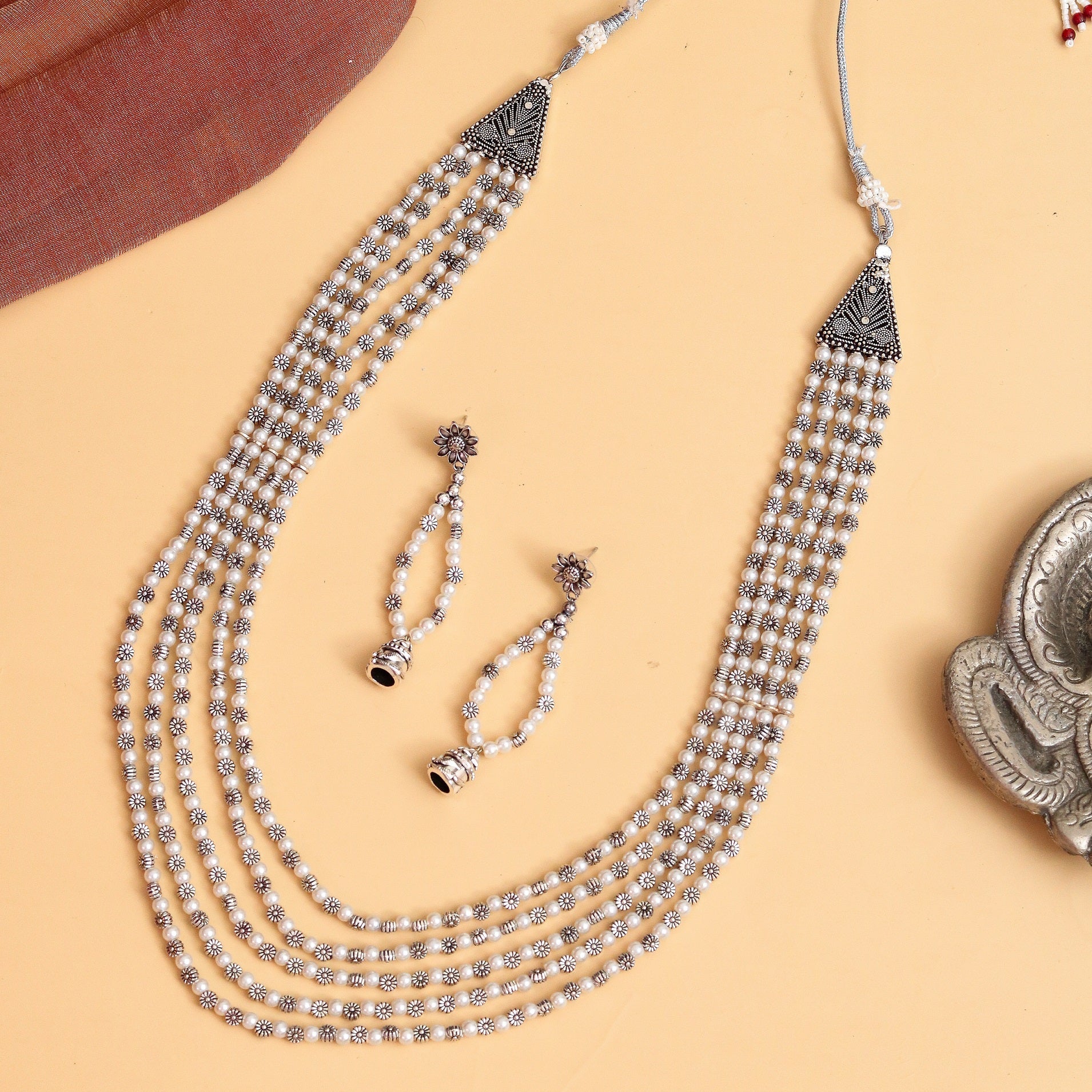 Multi-Layered Beaded Oxidised Necklace Earring Set