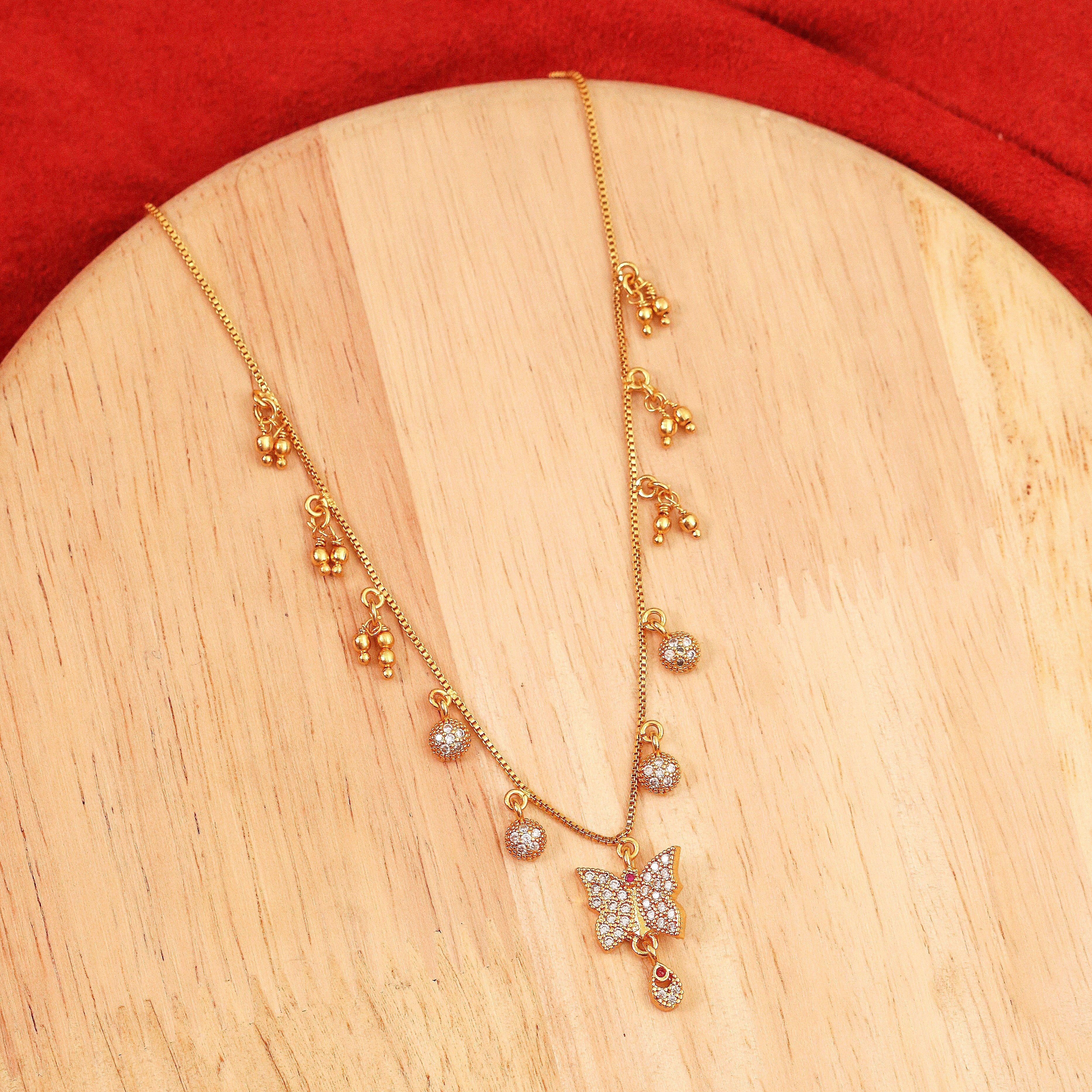 Gold Plated American Diamond Butterfly Pendant Necklace with Dangling Charms
