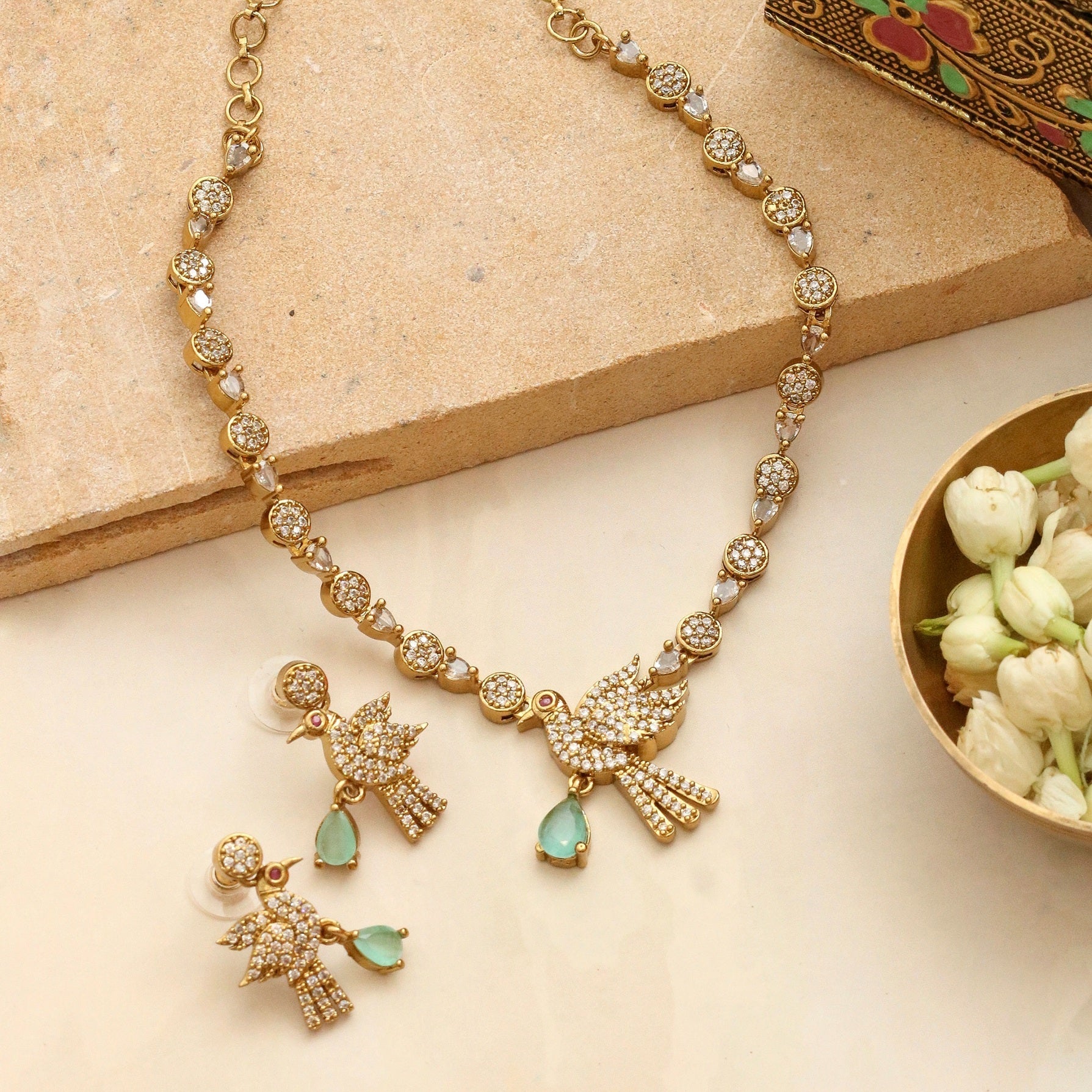 Designer Bird Pendant Mehendi Plated Necklace Set with Earrings