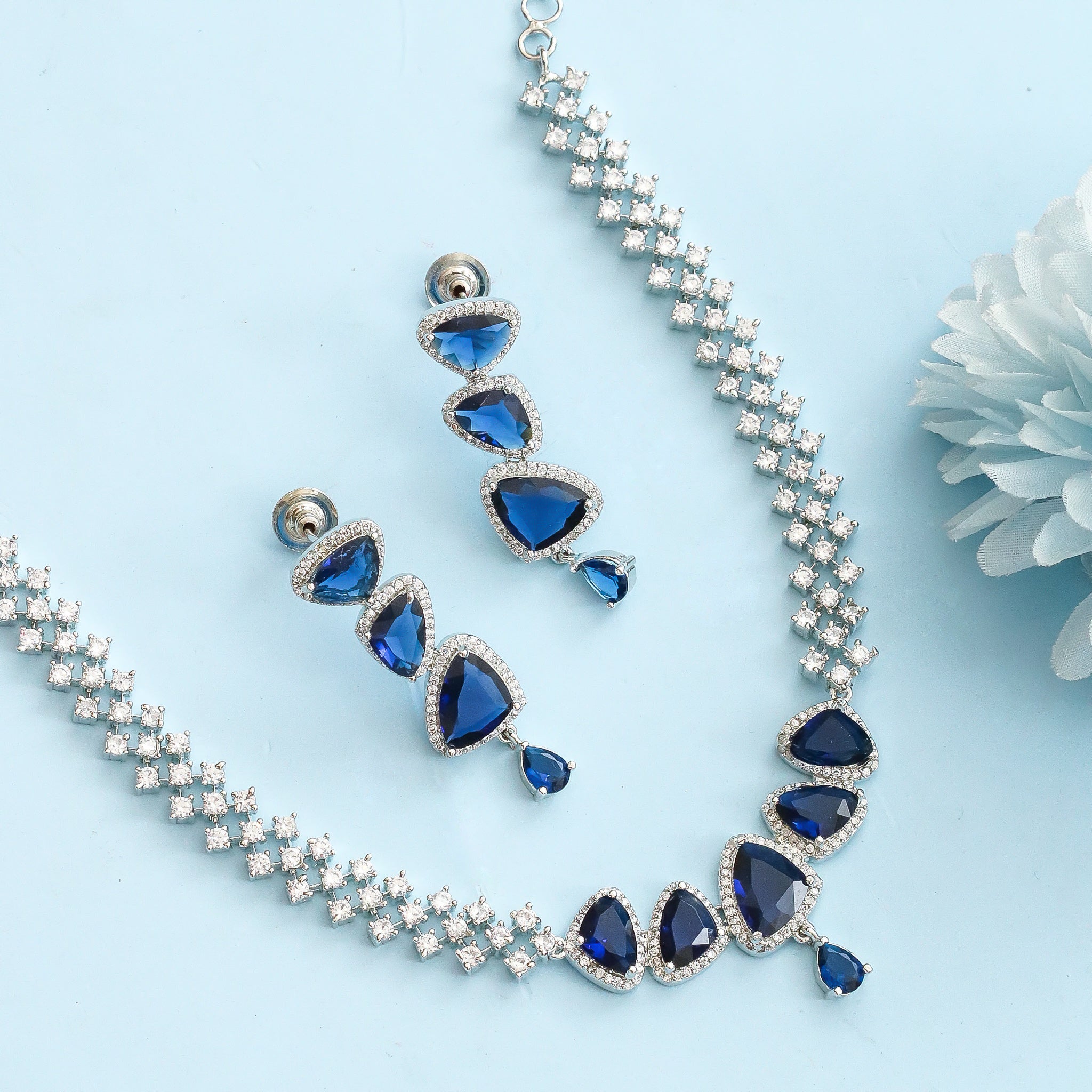 Zig Zag Enchanted Rhodium Plated Necklace Set with Earrings