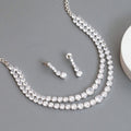 Double Layered White Stoned Rhodium Plated Necklace Set with Earrings