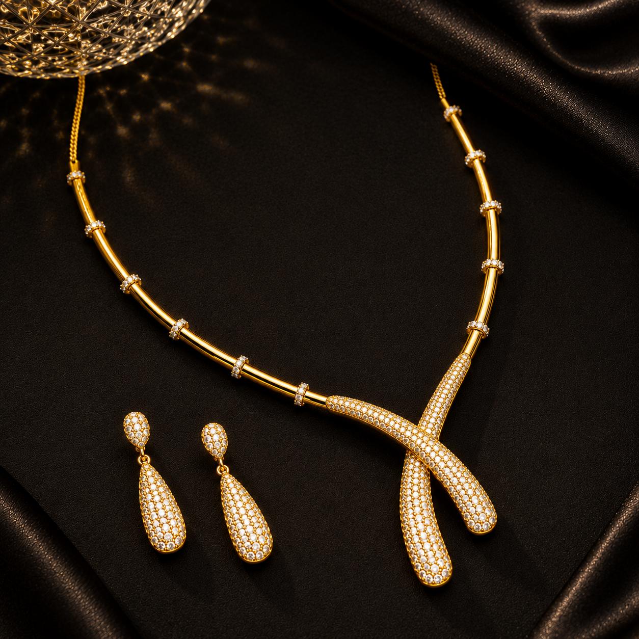Gold Plated CZ Artistic Curve Necklace Set