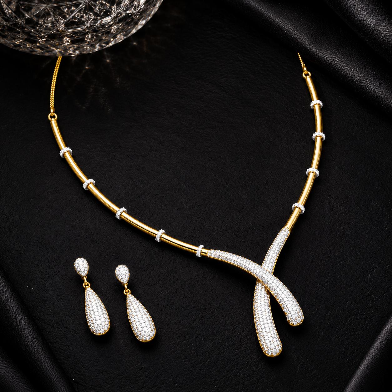 Gold & Silver Plated CZ Artistic Curve Necklace Set