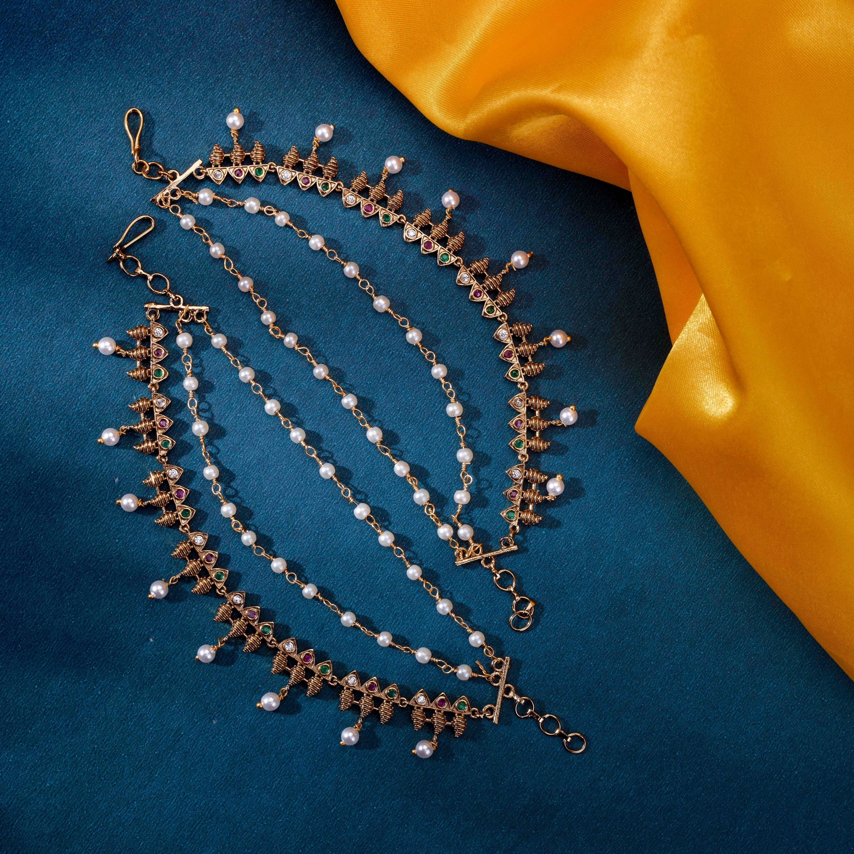 Mehendi Plated Pearl Stone Floral Kaan Chain