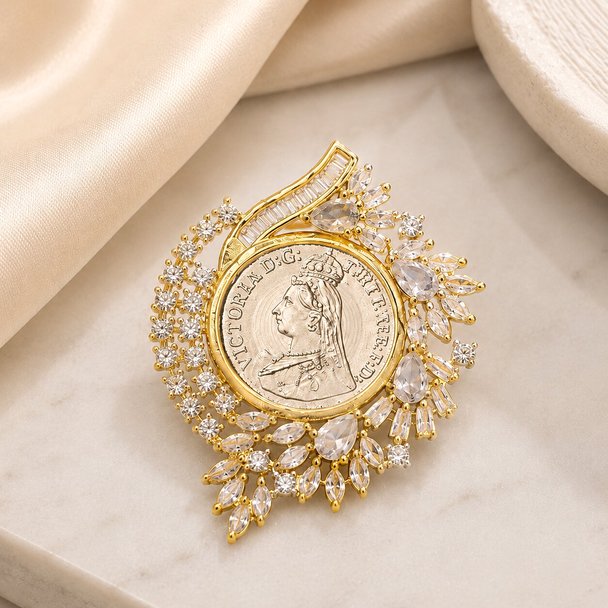 Gold Plated Victorian Coin Pattern American Diamond Statement Ring