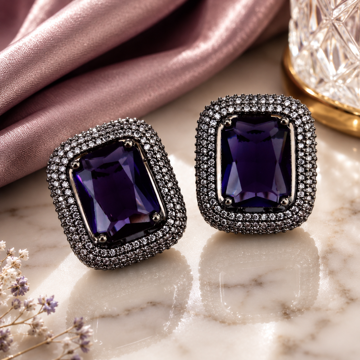 Gleaming Crystal Black Plated Studs