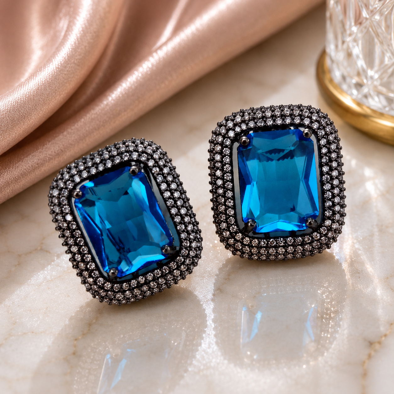Gleaming Crystal Black Plated Studs