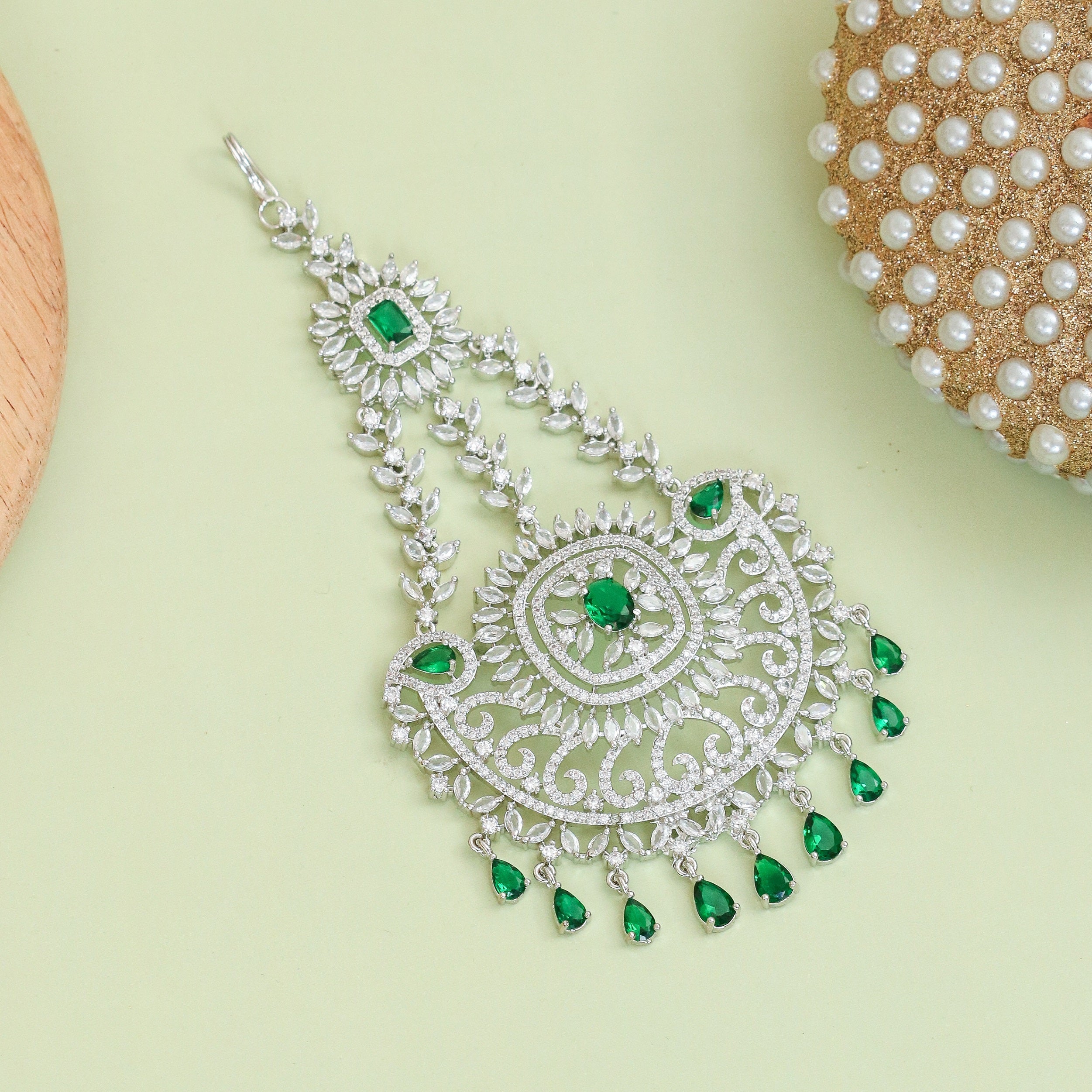 Rhodium Plated Crystal Green American Diamond Bridal Passa