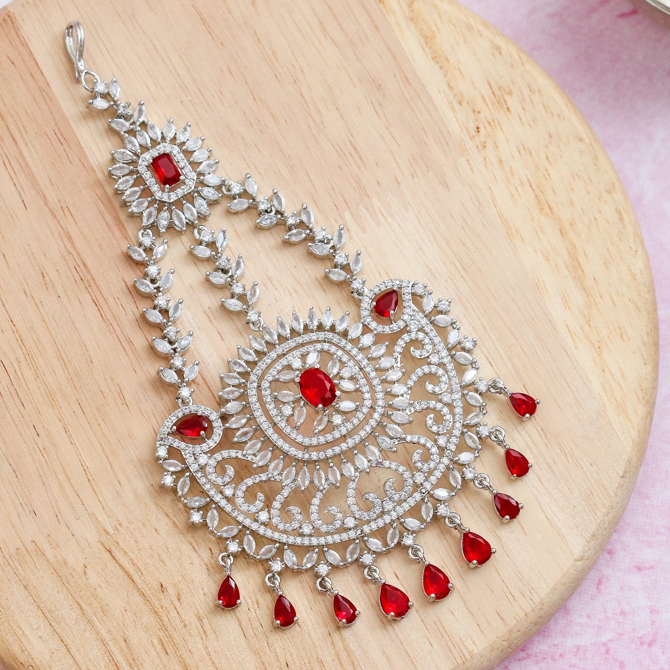 Rhodium Plated Ruby Red American Diamond Bridal Passa
