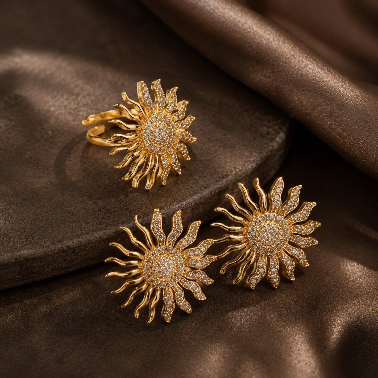 Gold Plated Sunburst American Diamond Jewelry Set (Pack of 2)