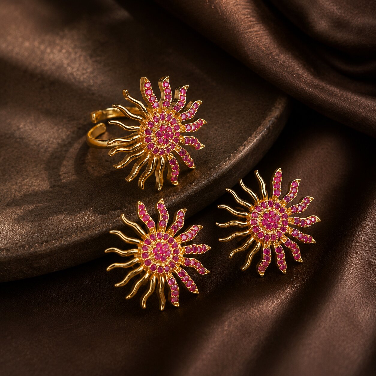 Gold Plated Sunburst American Diamond Jewelry Set (Pack of 2)