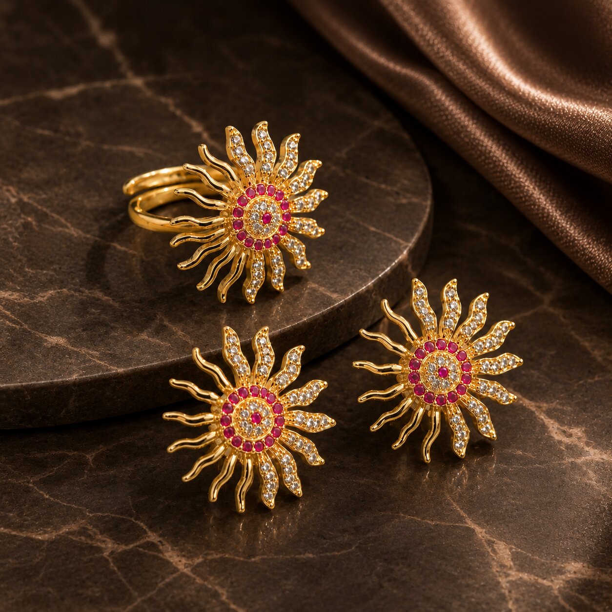 Gold Plated Sunburst American Diamond Jewelry Set (Pack of 2)