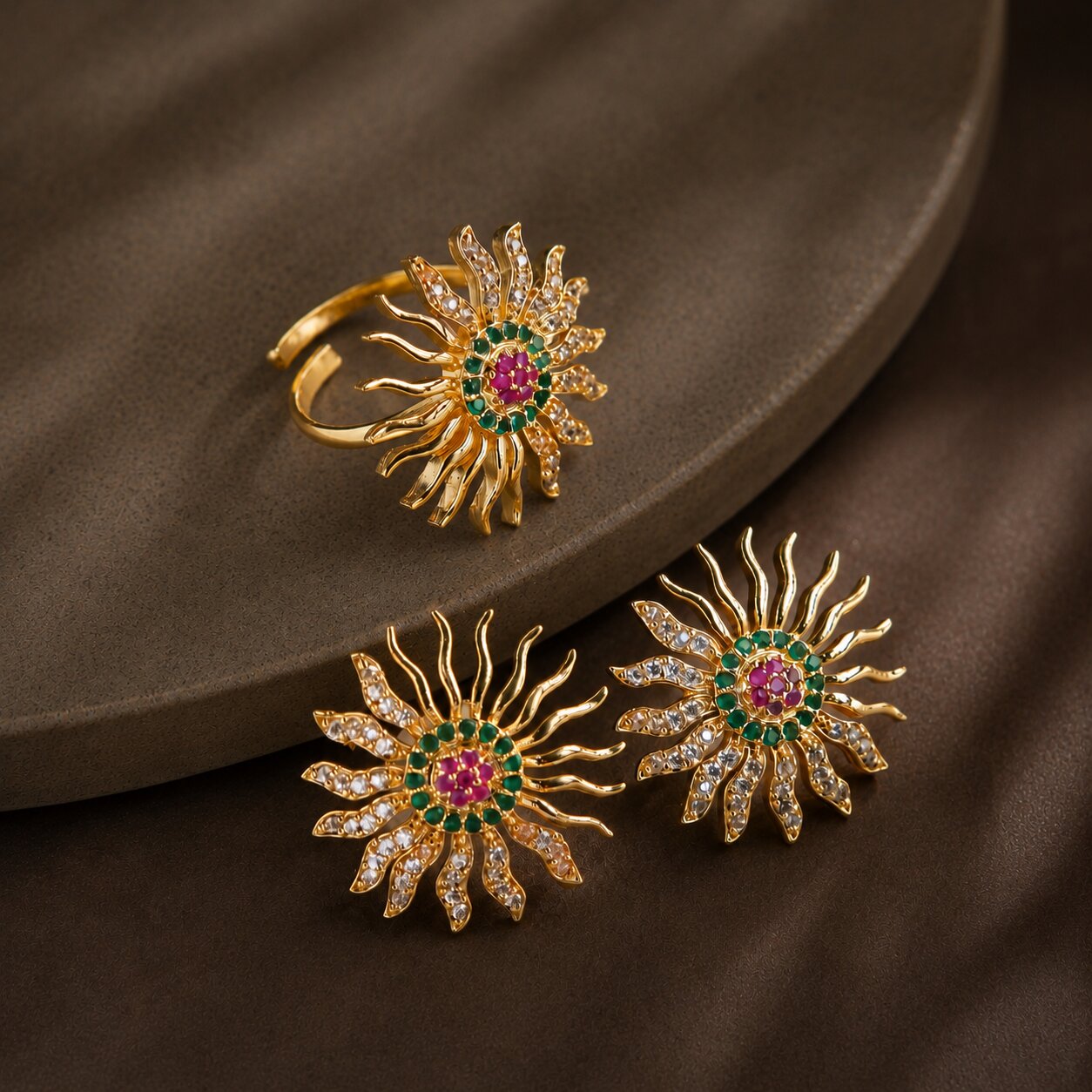 Gold Plated Sunburst American Diamond Jewelry Set (Pack of 2)